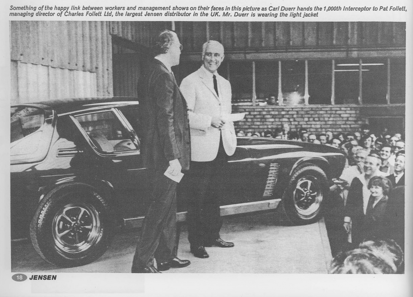 Factory photo shoot as Carl hands my car over to Pat Follet leading Jensen distributor in UK in 1969